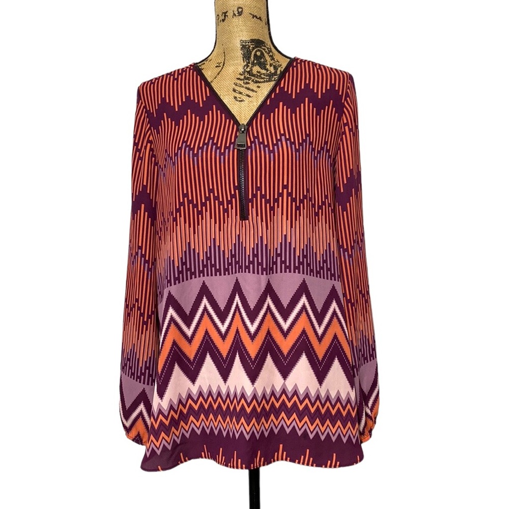 New Directions Multicolored Geometric Pattern Boho V-Neck Top